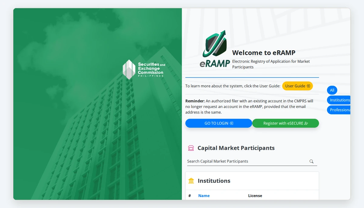 Screenshot of the SEC Philippines registry of capital market participants on sec.gov.ph, taken 6 October 2026: the public list Securities and Exchange Commission of the Philippines publishes.